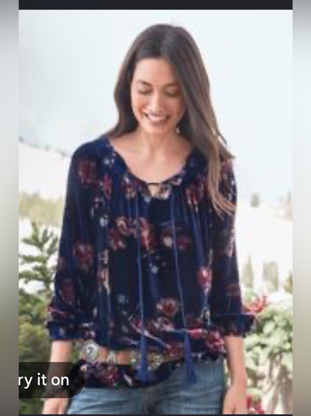 Sundance blue floral velvet peasant top with tassel ties size xl